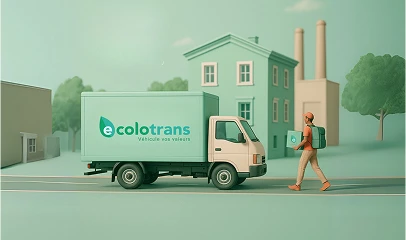 Illustration d'un camion Ecolotrans avec un livreur et une palette de produits.