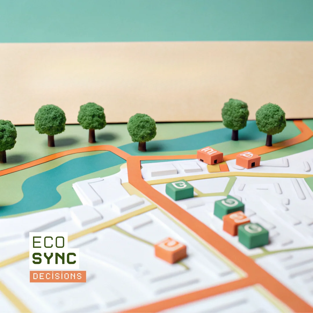 Carte illustrée avec arbres, bâtiments et routes représentant une planification urbaine durable, mettant en avant Ecolotrans et le concept de Livraison