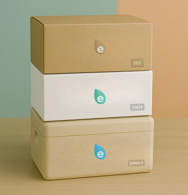 Trois boîtes de livraison Ecolotrans empilées, étiquetées SEC, FRAIS et SURGELÉ pour représenter différents types de transport de marchandises