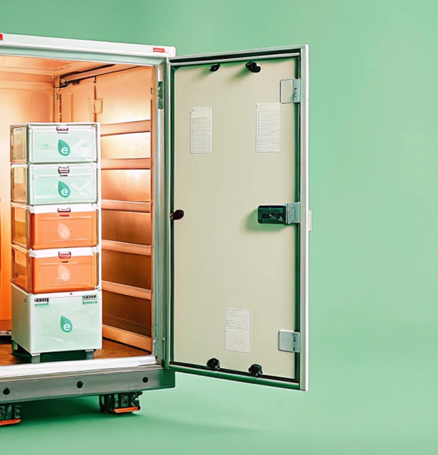 Intérieur d'un véhicule de livraison Ecolotrans montrant des conteneurs sécurisés pour le transport de marchandises.